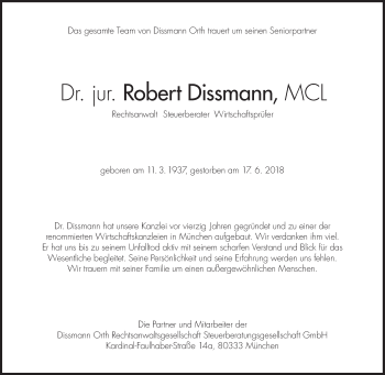 Traueranzeige von Robert Dissmann von Süddeutsche Zeitung