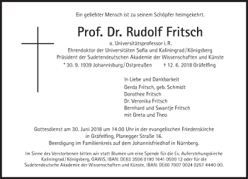 Traueranzeige von Rudolf Fritsch von Süddeutsche Zeitung