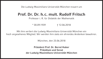Traueranzeige von Rudolf Fritsch von Süddeutsche Zeitung