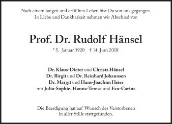 Traueranzeige von Rudolf Hänsel von Süddeutsche Zeitung