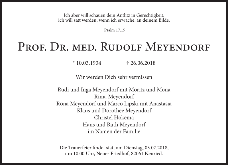  Traueranzeige für Rudolf  Meyendorf  vom 30.06.2018 aus Süddeutsche Zeitung