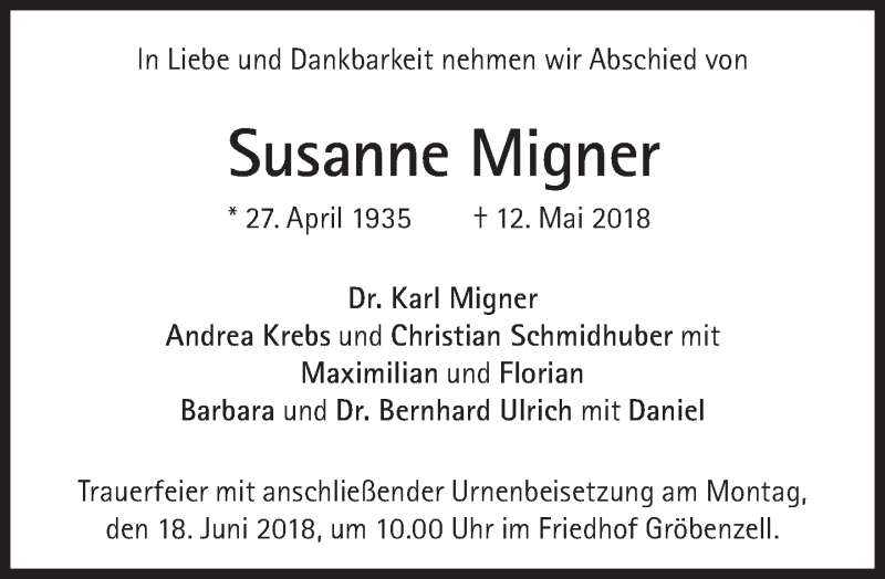  Traueranzeige für Susanne Migner vom 02.06.2018 aus Süddeutsche Zeitung