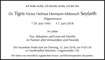 Traueranzeige von Tigris Victor Helmut Hermann Mittwoch Seyfarth von Süddeutsche Zeitung