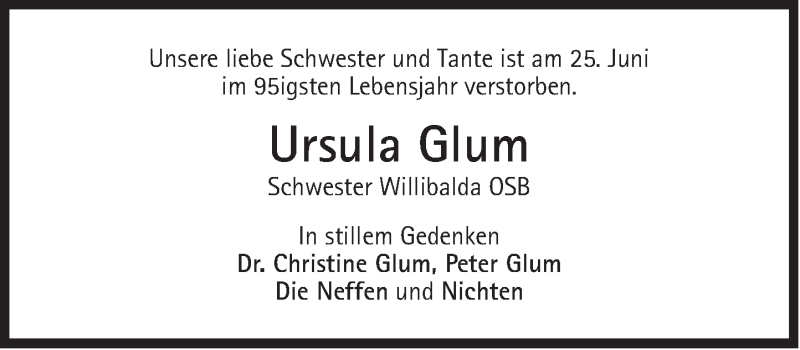  Traueranzeige für Ursula Glum vom 30.06.2018 aus Süddeutsche Zeitung