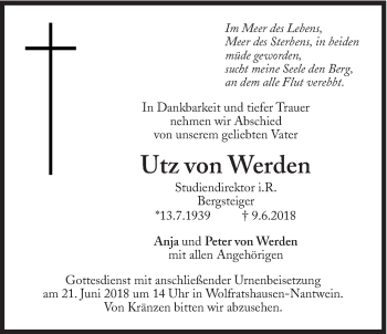 Traueranzeige von Utz von Werden von Süddeutsche Zeitung