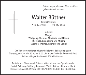 Traueranzeige von Walter Büttner von Süddeutsche Zeitung