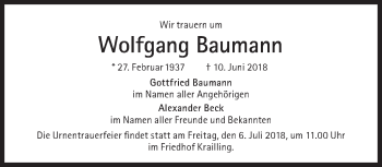 Traueranzeige von Wolfgang Baumann von Süddeutsche Zeitung