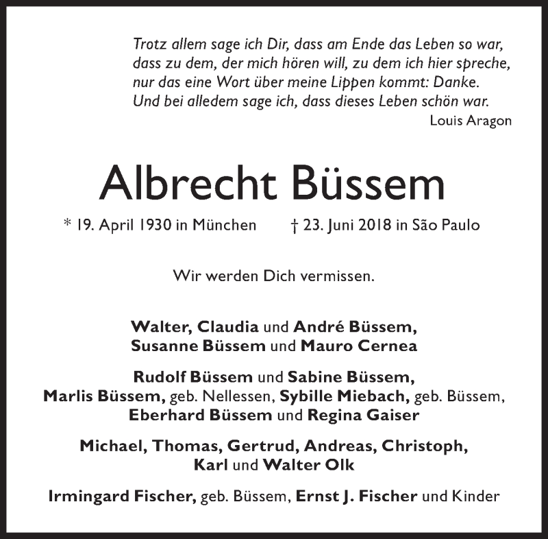  Traueranzeige für Albrecht Büssem vom 04.07.2018 aus Süddeutsche Zeitung