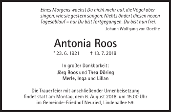 Traueranzeige von Antonia Roos von Süddeutsche Zeitung