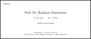 Traueranzeige von Barbara Hammann von Süddeutsche Zeitung