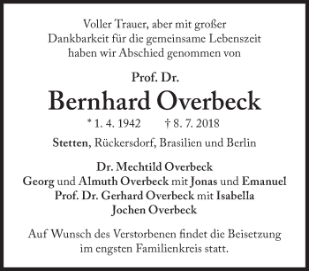 Traueranzeige von Bernhard Overbeck von Süddeutsche Zeitung