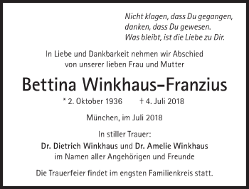 Traueranzeige von Bettina Winkhaus-Franzius von Süddeutsche Zeitung