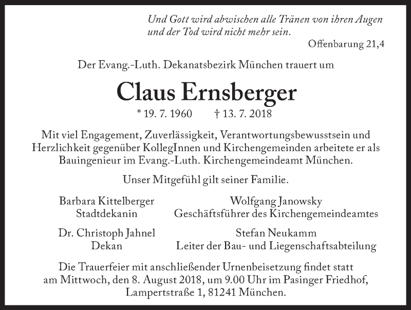  Traueranzeige für Claus Ernsberger vom 17.07.2018 aus Süddeutsche Zeitung