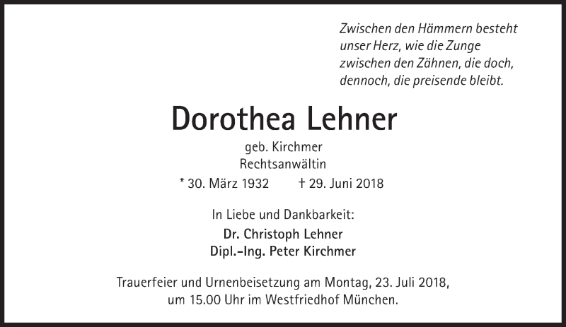  Traueranzeige für Dorothea Lehner vom 14.07.2018 aus Süddeutsche Zeitung