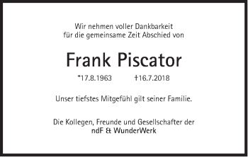 Traueranzeige von Frank Piscator von Süddeutsche Zeitung