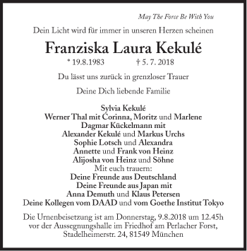 Traueranzeige von Franziska Laura Kekulé von Süddeutsche Zeitung