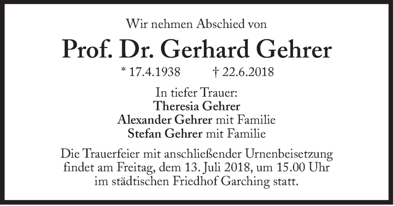  Traueranzeige für Gerhard Gehrer vom 06.07.2018 aus Süddeutsche Zeitung