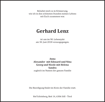 Traueranzeige von Gerhard Lenz von Süddeutsche Zeitung