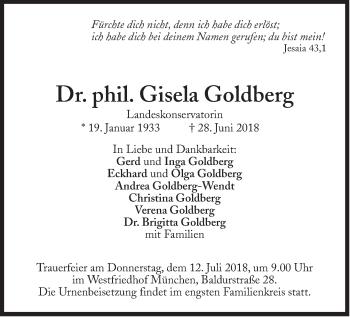 Traueranzeige von Gisela Goldberg von Süddeutsche Zeitung