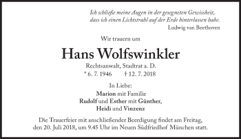 Traueranzeige von Hans Wolfswinkler von Süddeutsche Zeitung
