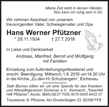 Traueranzeige von Hans Werner Pfützner  von Süddeutsche Zeitung