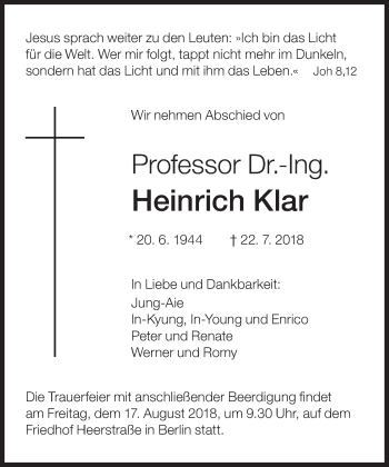 Traueranzeige von Heinrich Klar von Süddeutsche Zeitung