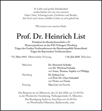 Traueranzeige von Heinrich List von Süddeutsche Zeitung