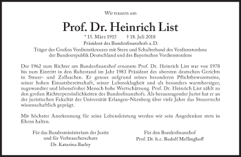 Traueranzeige von Heinrich List von Süddeutsche Zeitung