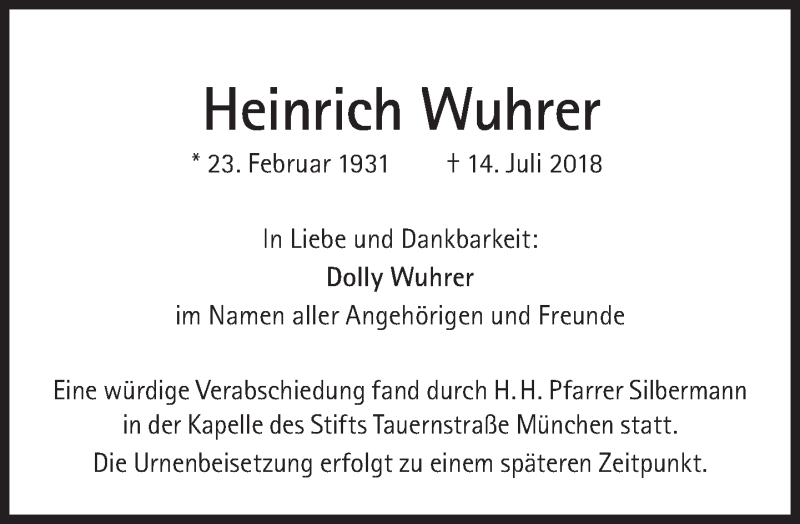  Traueranzeige für Heinrich Wuhrer vom 28.07.2018 aus Süddeutsche Zeitung