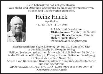 Traueranzeige von Heinz Hauck von Süddeutsche Zeitung