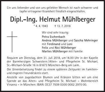 Traueranzeige von Helmut Mühlberger von Süddeutsche Zeitung