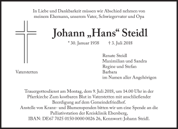 Traueranzeige von Johann Steidl von Süddeutsche Zeitung