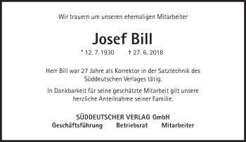 Traueranzeige von Josef Bill von Süddeutsche Zeitung