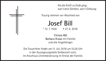 Traueranzeige von Josef Bill von Süddeutsche Zeitung