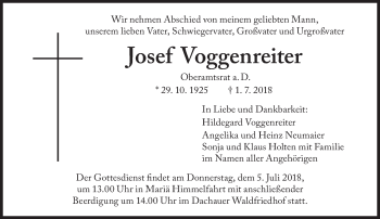 Traueranzeige von Josef Voggenreiter von Süddeutsche Zeitung