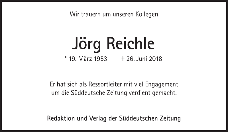  Traueranzeige für Jörg Reichle vom 14.07.2018 aus Süddeutsche Zeitung