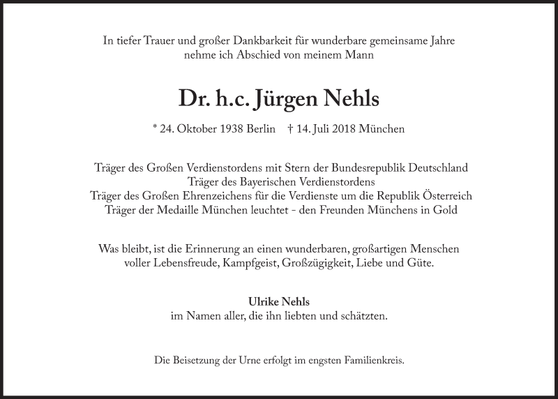  Traueranzeige für Jürgen Nehls vom 21.07.2018 aus Süddeutsche Zeitung