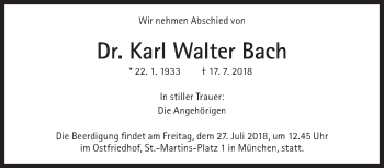 Traueranzeige von Karl Walter  Bach  von Süddeutsche Zeitung