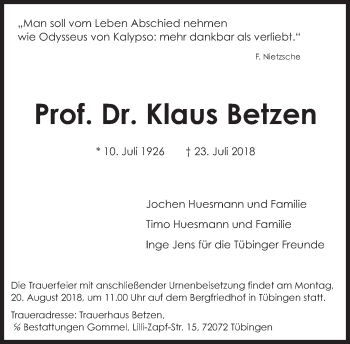 Traueranzeige von Klaus Betzen von Süddeutsche Zeitung