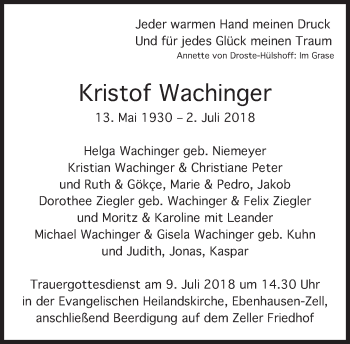 Traueranzeige von Kristof Wachinger von Süddeutsche Zeitung
