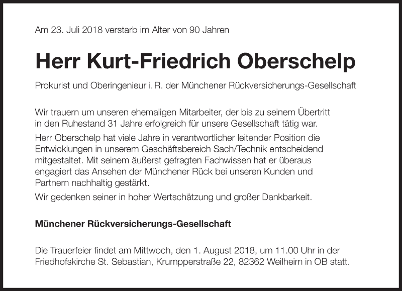  Traueranzeige für Kurt-Friedrich Oberschelp vom 30.07.2018 aus Süddeutsche Zeitung