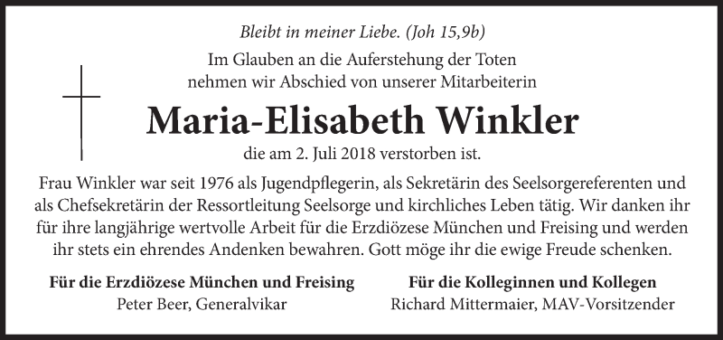  Traueranzeige für Maria-Elisabeth Winkler vom 04.07.2018 aus Süddeutsche Zeitung