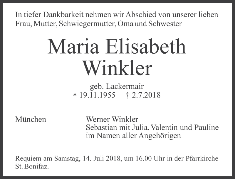  Traueranzeige für Maria-Elisabeth Winkler vom 04.07.2018 aus Süddeutsche Zeitung