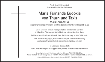 Traueranzeige von Maria Fernanda Eudoxia von Thurn und Taxis von Süddeutsche Zeitung