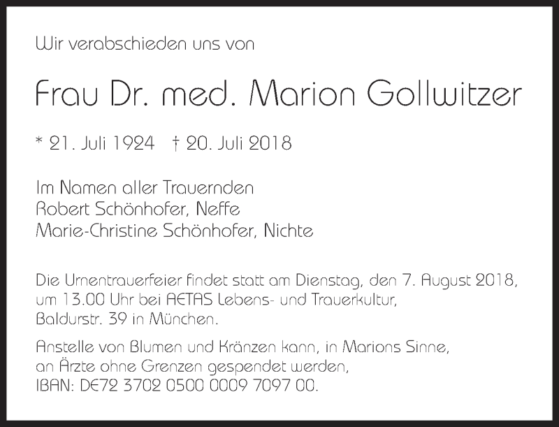  Traueranzeige für Marion Gollwitzer vom 28.07.2018 aus Süddeutsche Zeitung