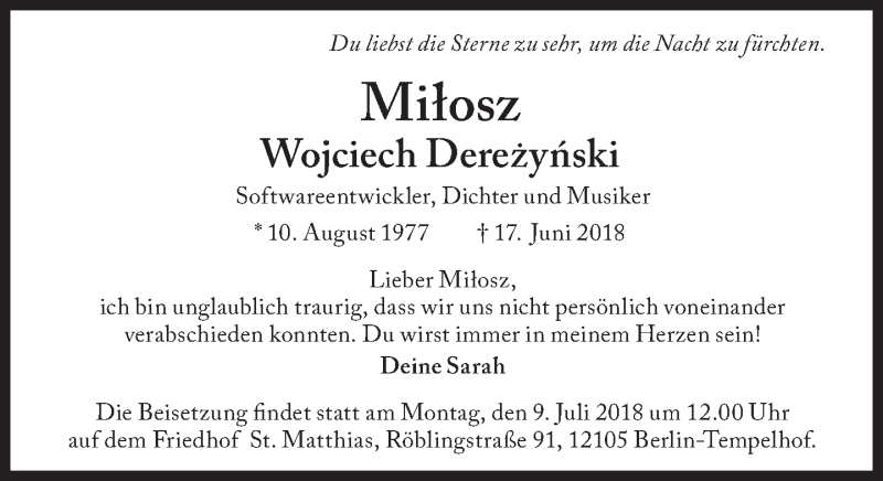  Traueranzeige für Milosz Wojciech Derezynski vom 05.07.2018 aus Süddeutsche Zeitung