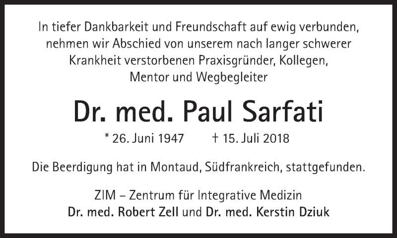  Traueranzeige für Paul Sarfati vom 21.07.2018 aus Süddeutsche Zeitung