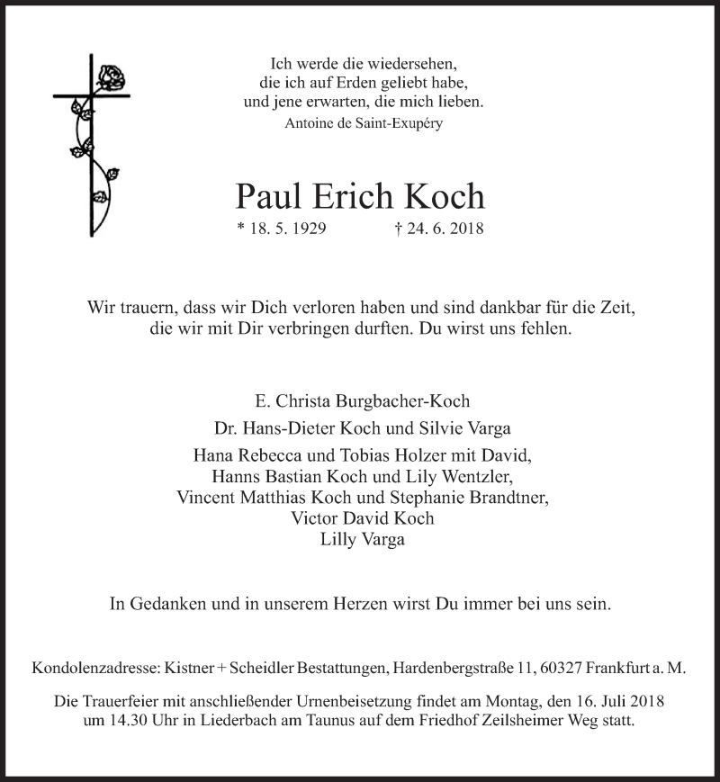  Traueranzeige für Paul Erich Koch vom 07.07.2018 aus Süddeutsche Zeitung