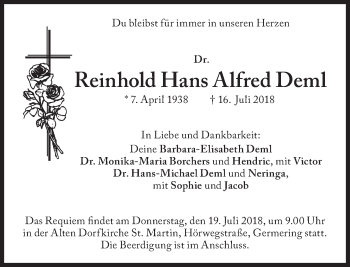 Traueranzeige von Reinhold Hans Deml von Süddeutsche Zeitung
