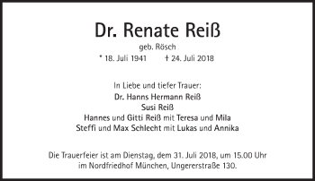 Traueranzeige von Renate Reiß von Süddeutsche Zeitung